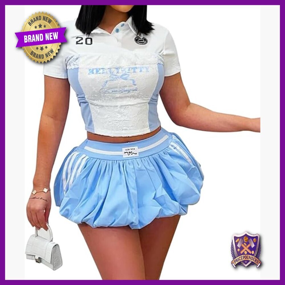 Y2K Lace Trim Ruched Crop Top Pleated Bubble Mini Skort Set Size XS